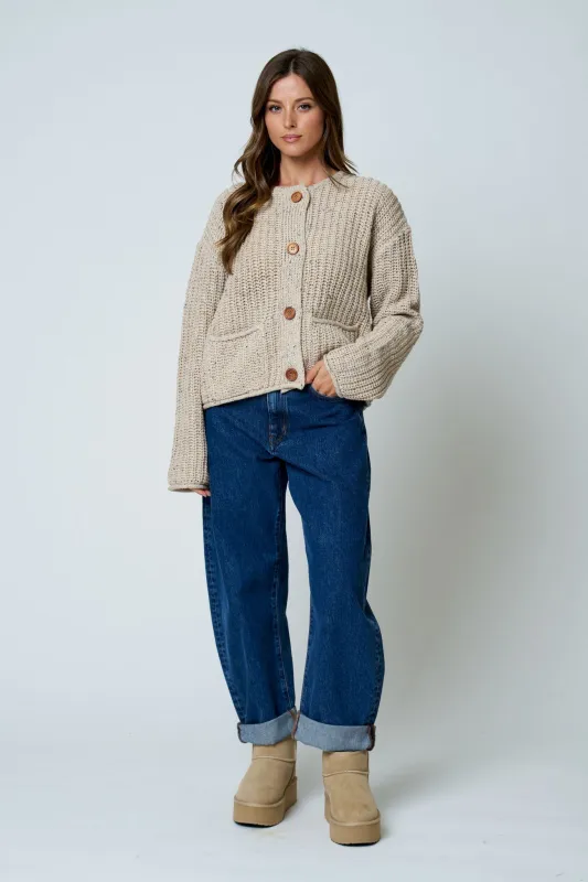 MARLED BUTTON DOWN RAW EDGE CHUNKY KNIT CARDIGAN made by Blu Pepper