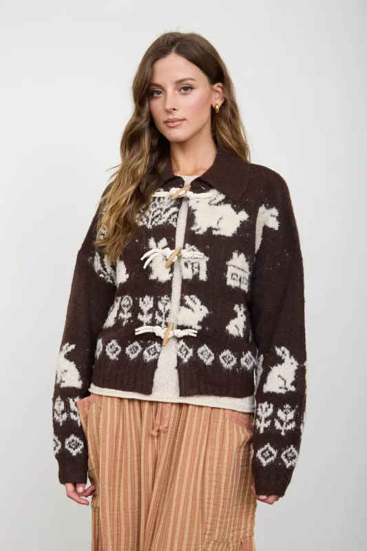 BUNNY MOTIF TOGGLE DETAIL FUZZY KNIT CARDIGAN made by Blu Pepper