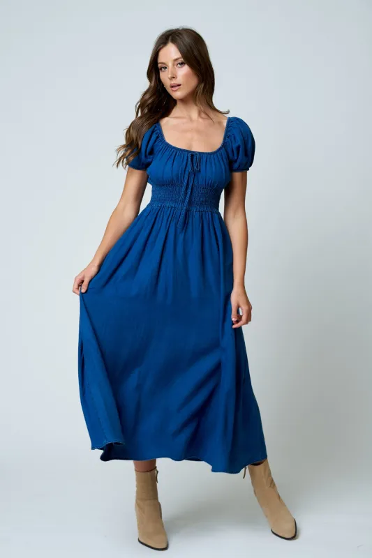 FRONT TIE SMOCKED WAIST DENIM MIDI DRESS made by Blu Pepper