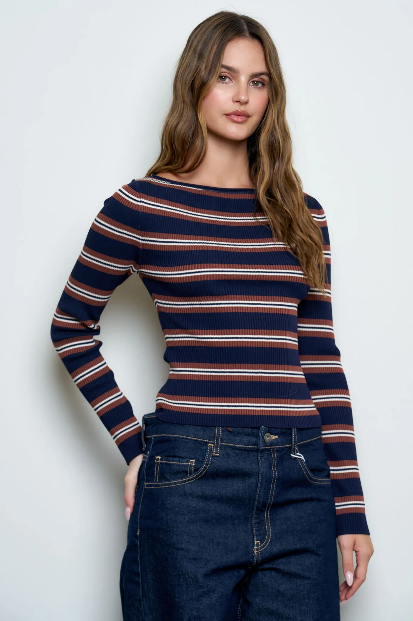 BOAT NECK MULTI-COLOR STRIPE LONG SLEEVE PULLOVER sold by Blu Pepper product image thumbnail 5