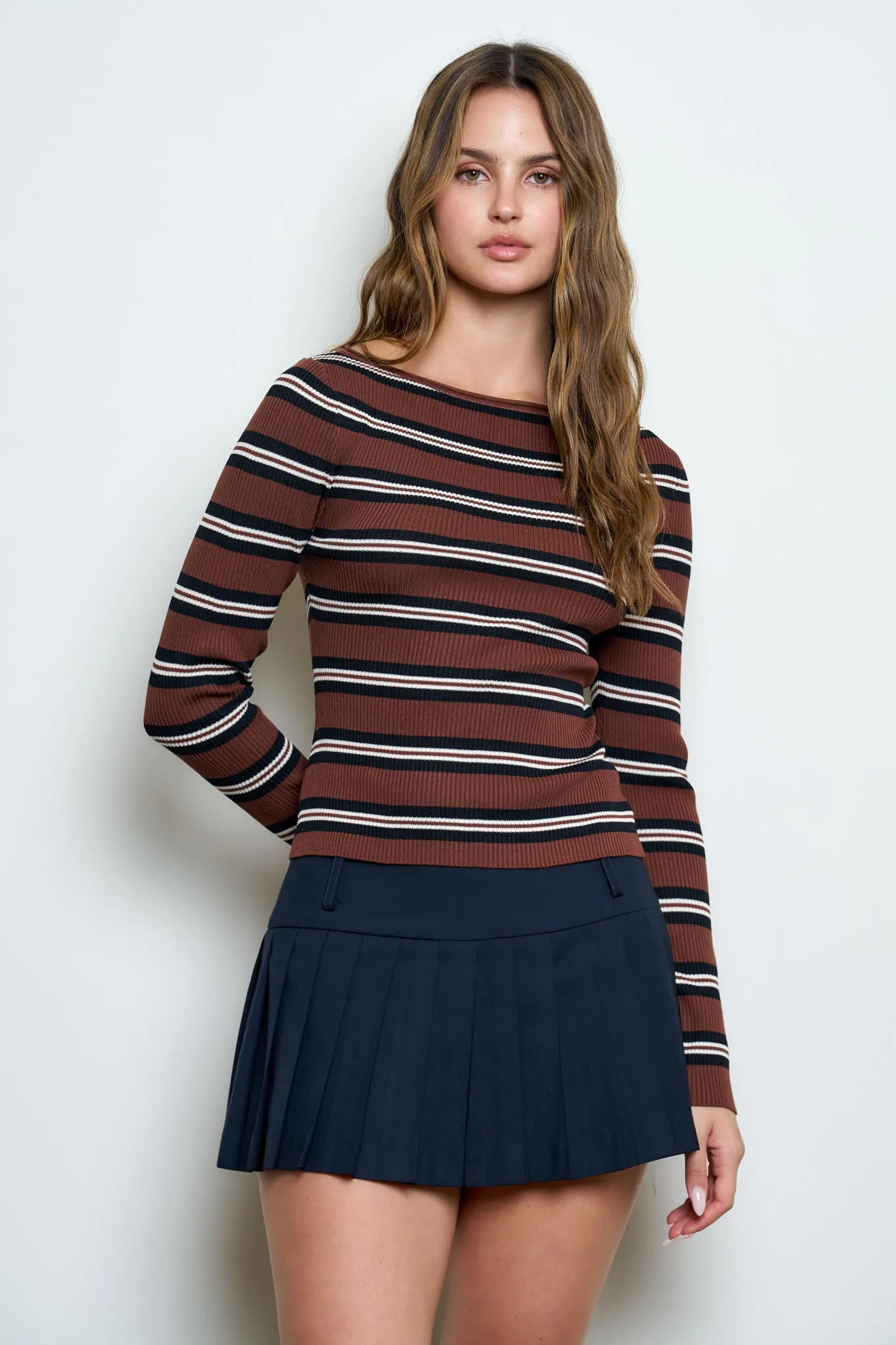 BOAT NECK MULTI-COLOR STRIPE LONG SLEEVE PULLOVER sold by Blu Pepper product image thumbnail 2