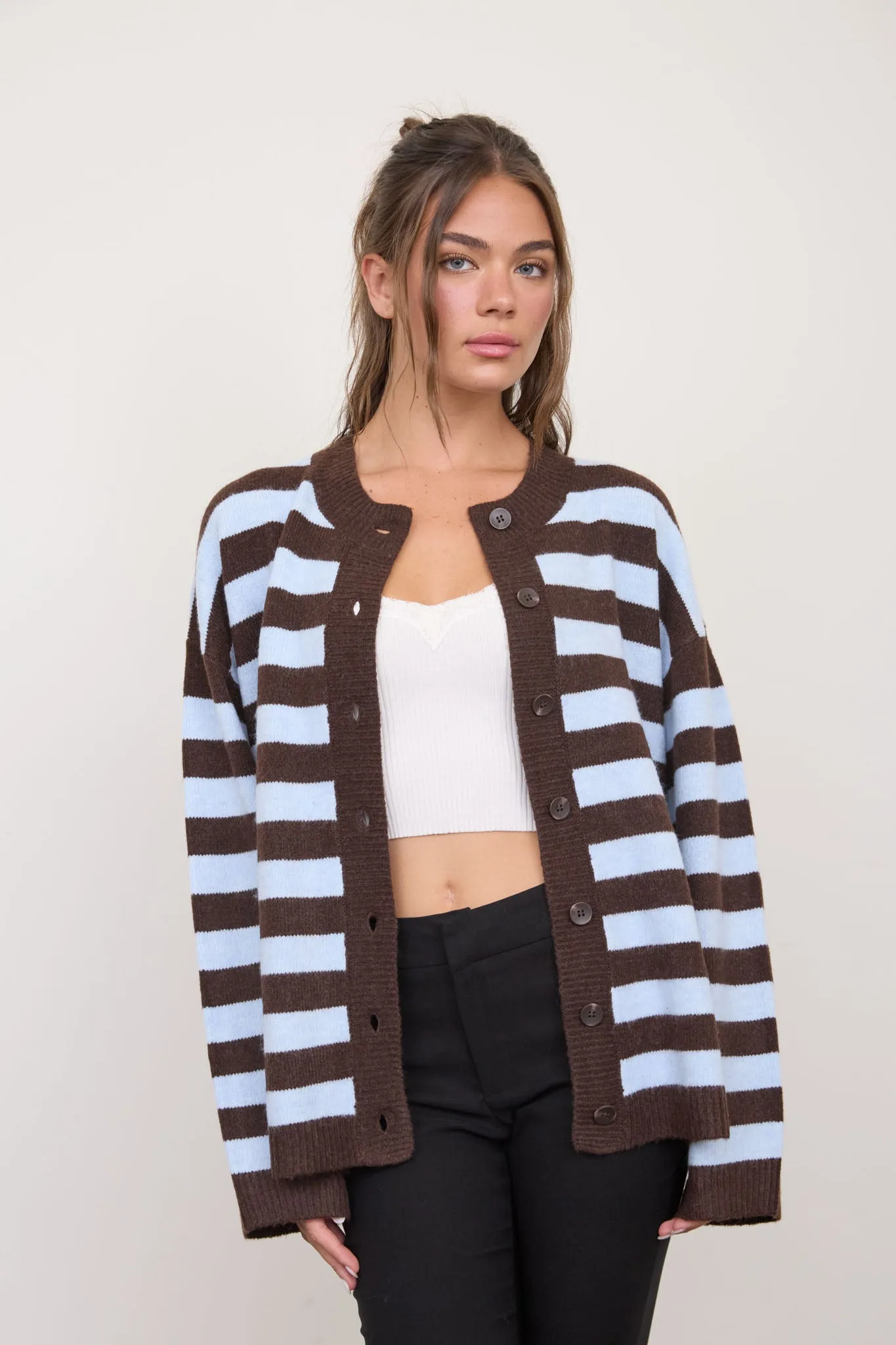 STRIPED ROUND NECK BUTTON DOWN BOXY KNIT CARDIGAN (PRE-ORDER) sold by Blu Pepper product image thumbnail 4