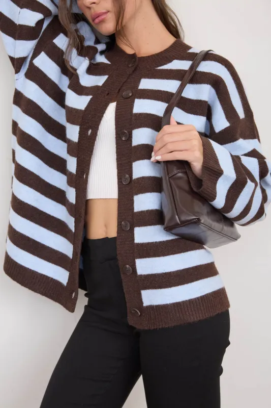 STRIPED ROUND NECK BUTTON DOWN BOXY KNIT CARDIGAN (PRE-ORDER) made by Blu Pepper
