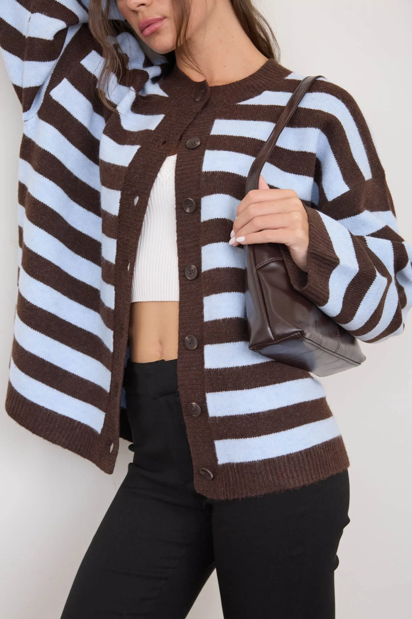 STRIPED ROUND NECK BUTTON DOWN BOXY KNIT CARDIGAN (PRE-ORDER) sold by Blu Pepper