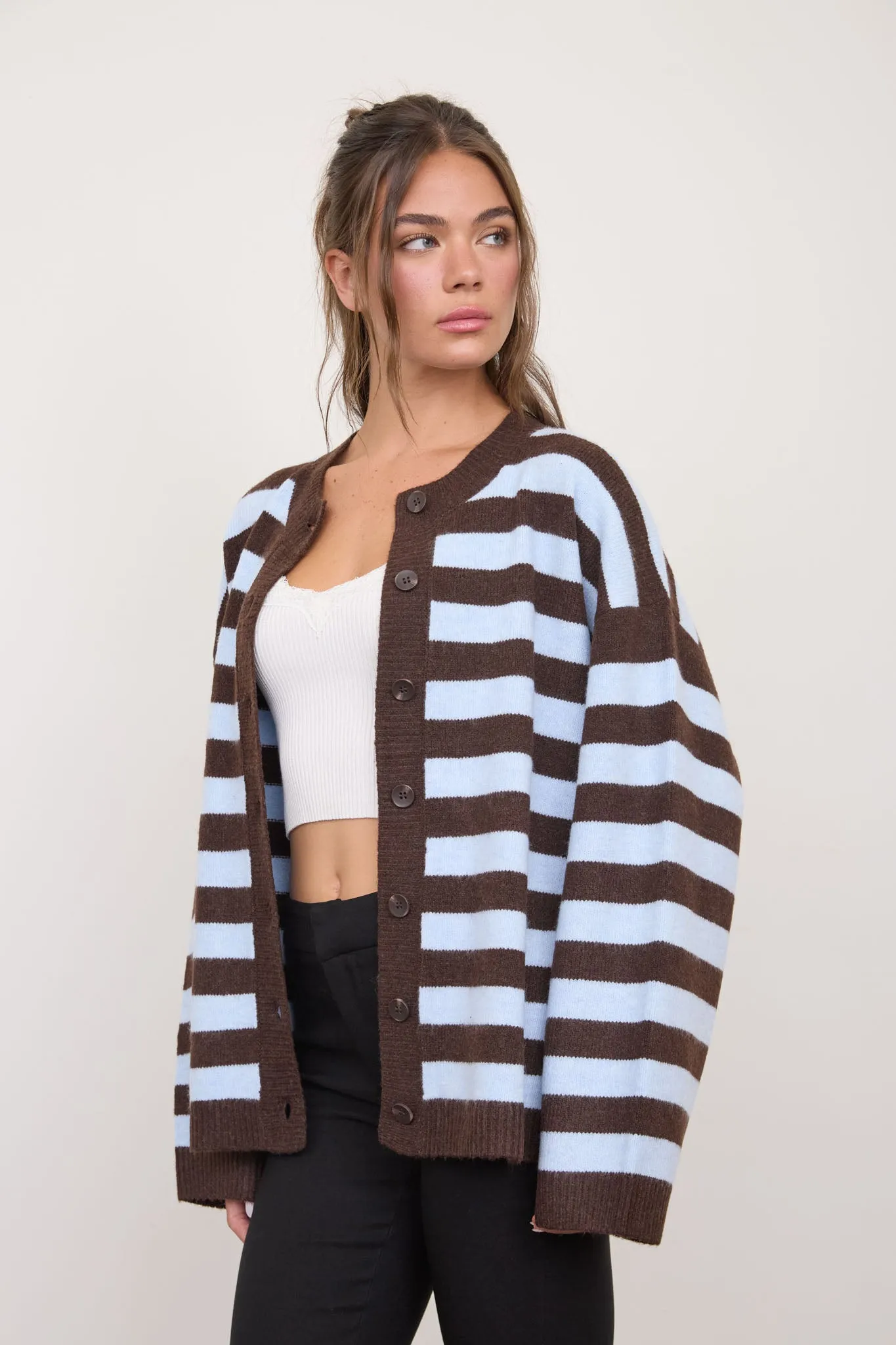 STRIPED ROUND NECK BUTTON DOWN BOXY KNIT CARDIGAN (PRE-ORDER) sold by Blu Pepper product image thumbnail 5