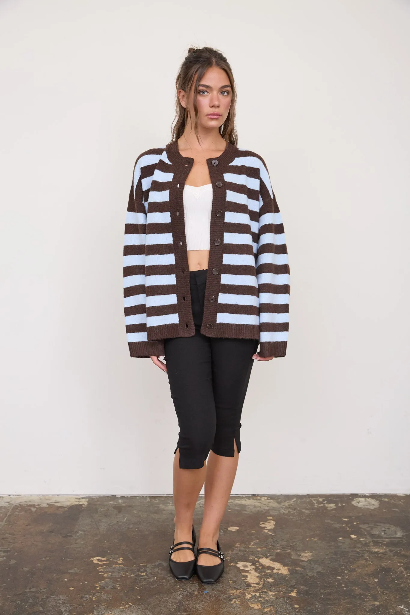 STRIPED ROUND NECK BUTTON DOWN BOXY KNIT CARDIGAN (PRE-ORDER) sold by Blu Pepper product image thumbnail 2