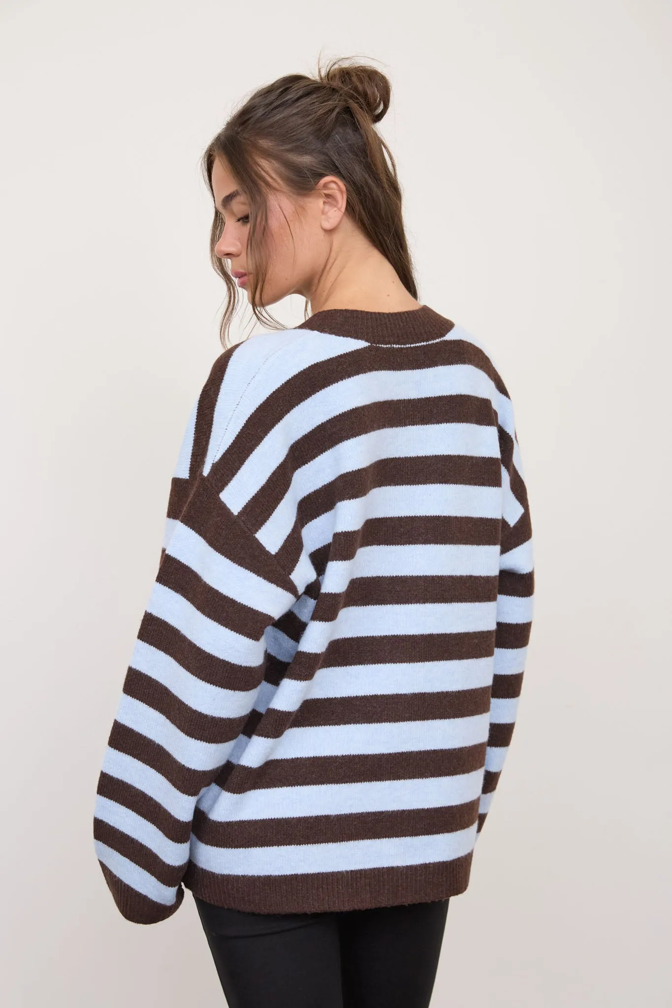 STRIPED ROUND NECK BUTTON DOWN BOXY KNIT CARDIGAN (PRE-ORDER) sold by Blu Pepper product image thumbnail 3