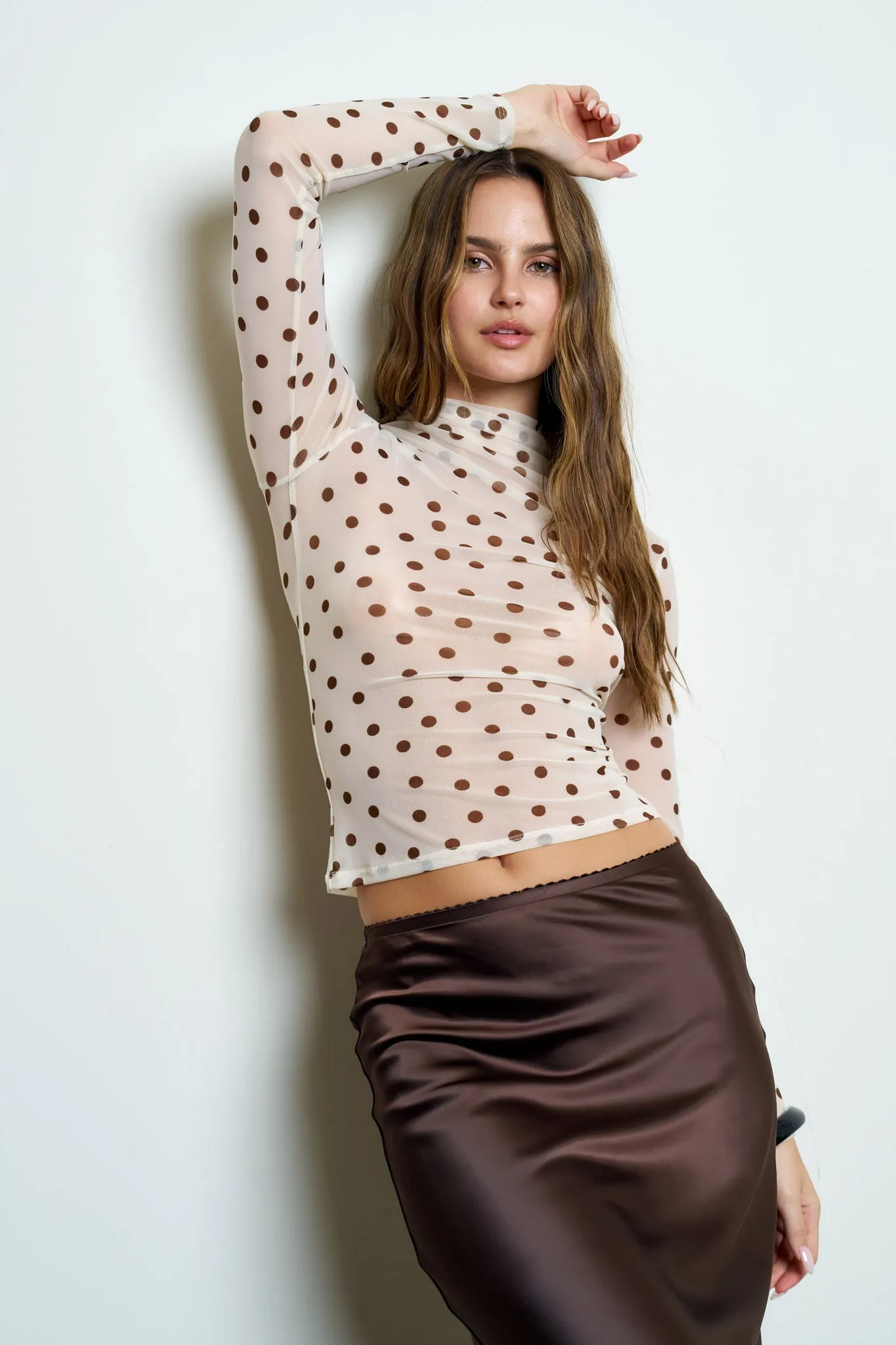POLKA DOT MESH MOCK NECK LONG SLEEVE KNIT TOP sold by Blu Pepper product image thumbnail 4