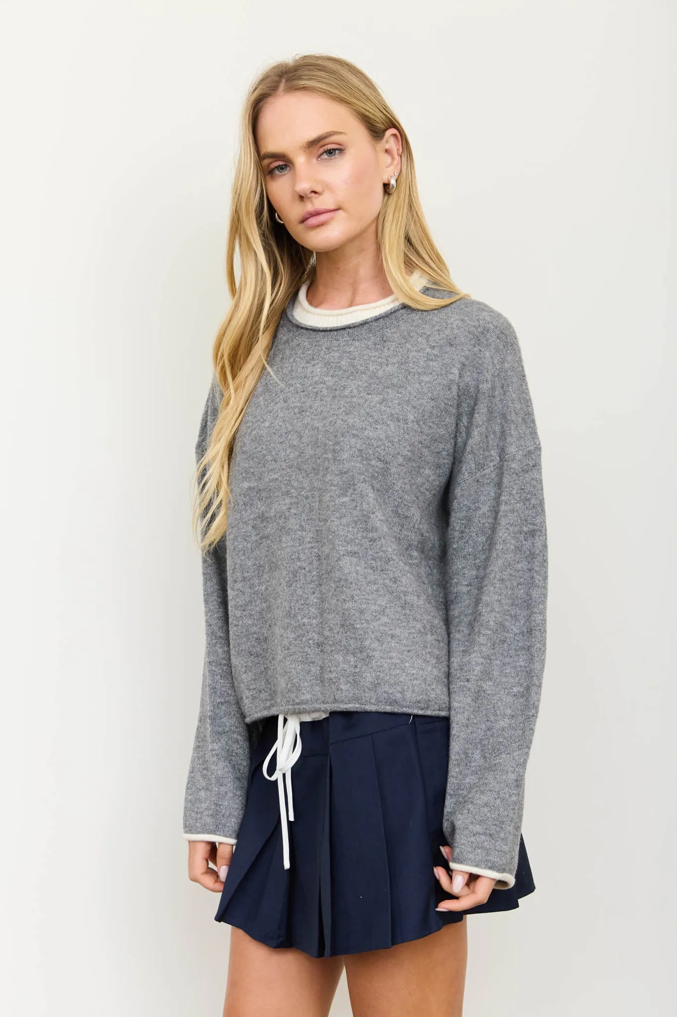 CONTRAST ROLLED EDGE CREWNECK PULLOVER sold by Blu Pepper product image thumbnail 4