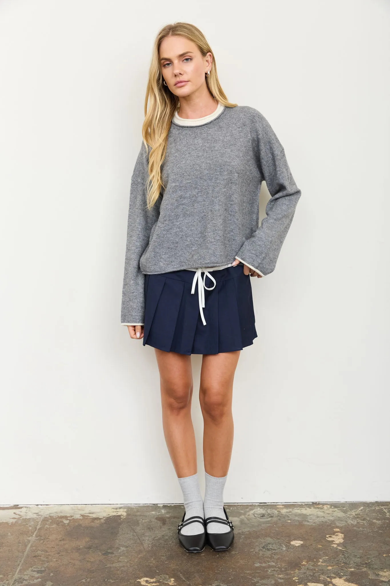 CONTRAST ROLLED EDGE CREWNECK PULLOVER sold by Blu Pepper