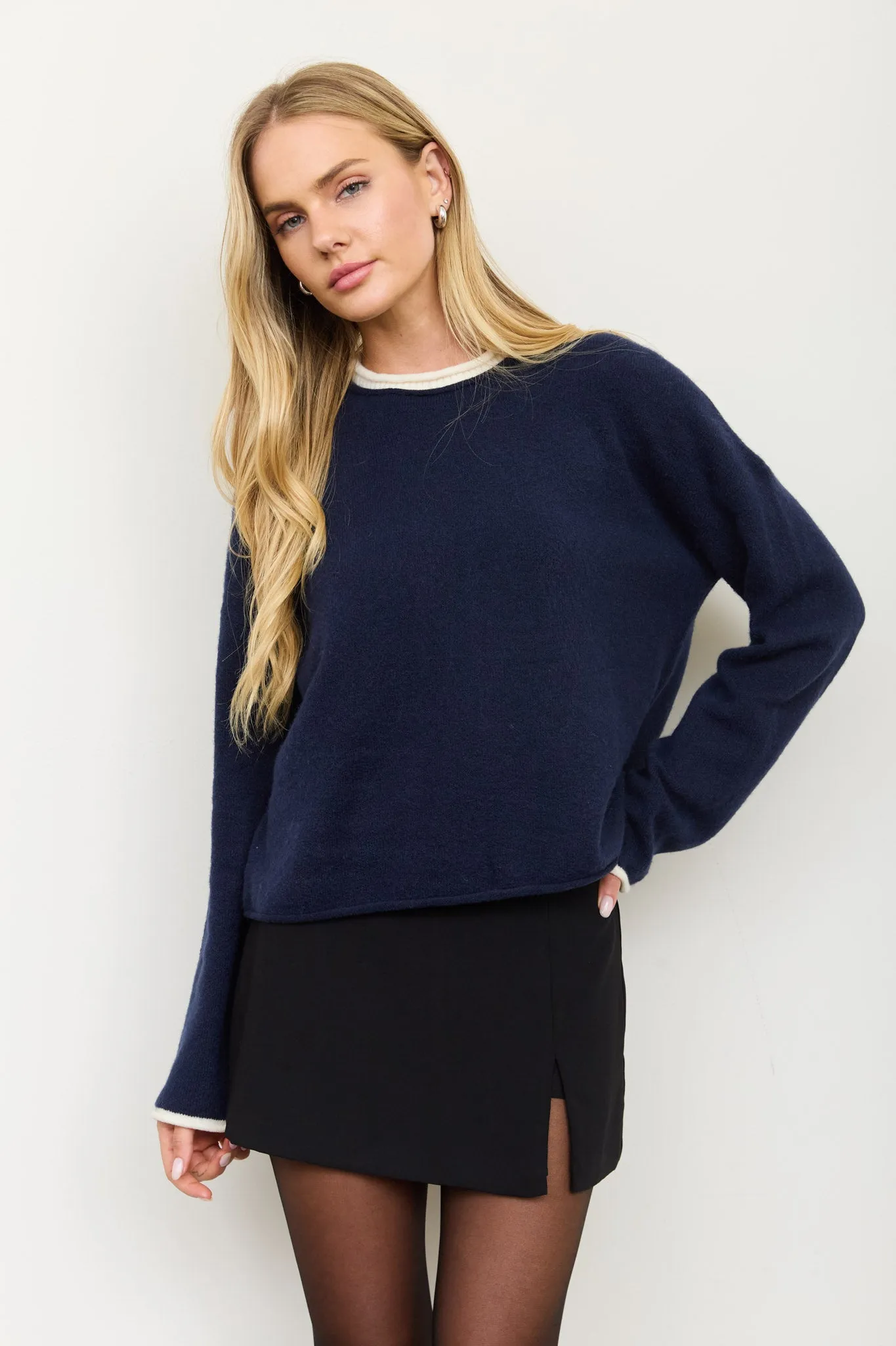 CONTRAST ROLLED EDGE CREWNECK PULLOVER sold by Blu Pepper product image thumbnail 5