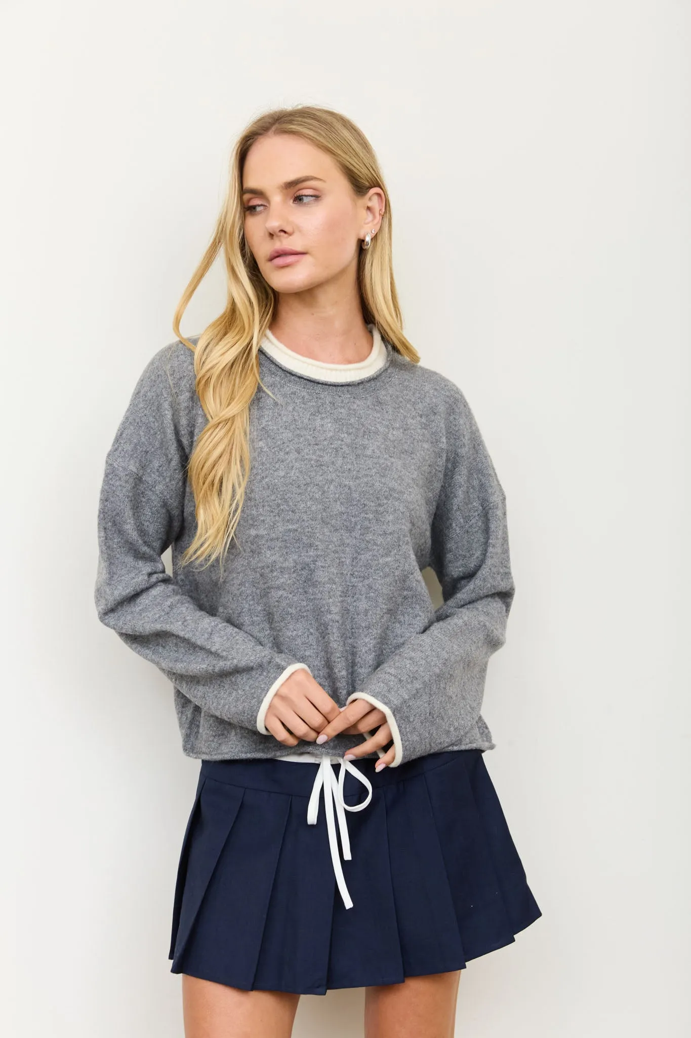 CONTRAST ROLLED EDGE CREWNECK PULLOVER sold by Blu Pepper product image thumbnail 3
