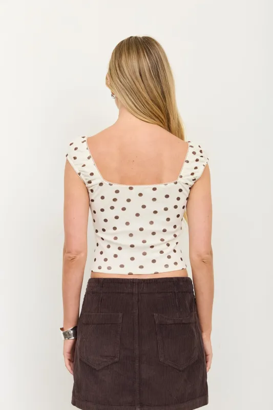 MESH POLKA DOT SWEETHEART TIE FRONT KNIT TOP made by Blu Pepper