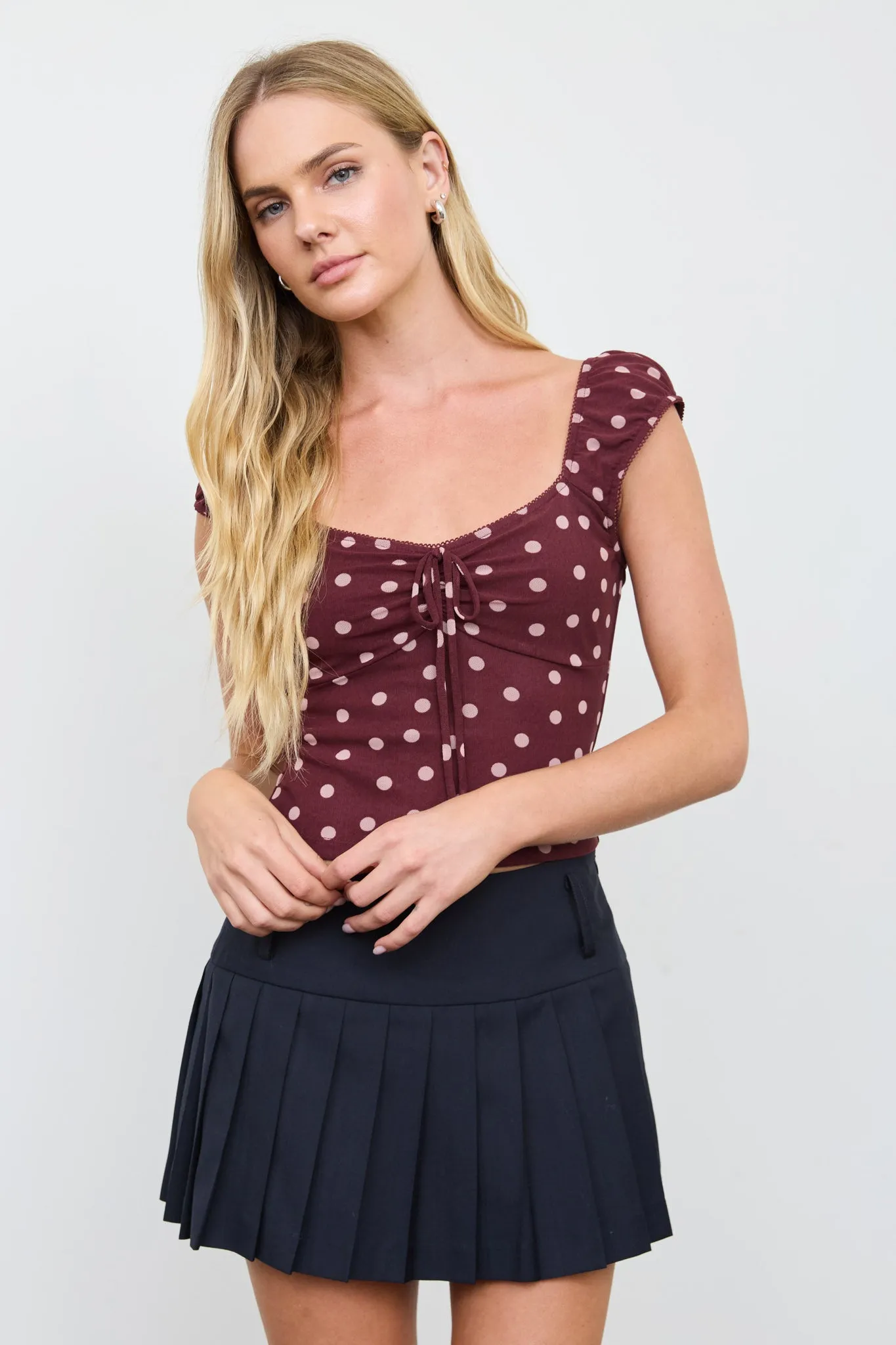 MESH POLKA DOT SWEETHEART TIE FRONT KNIT TOP sold by Blu Pepper product image thumbnail 5