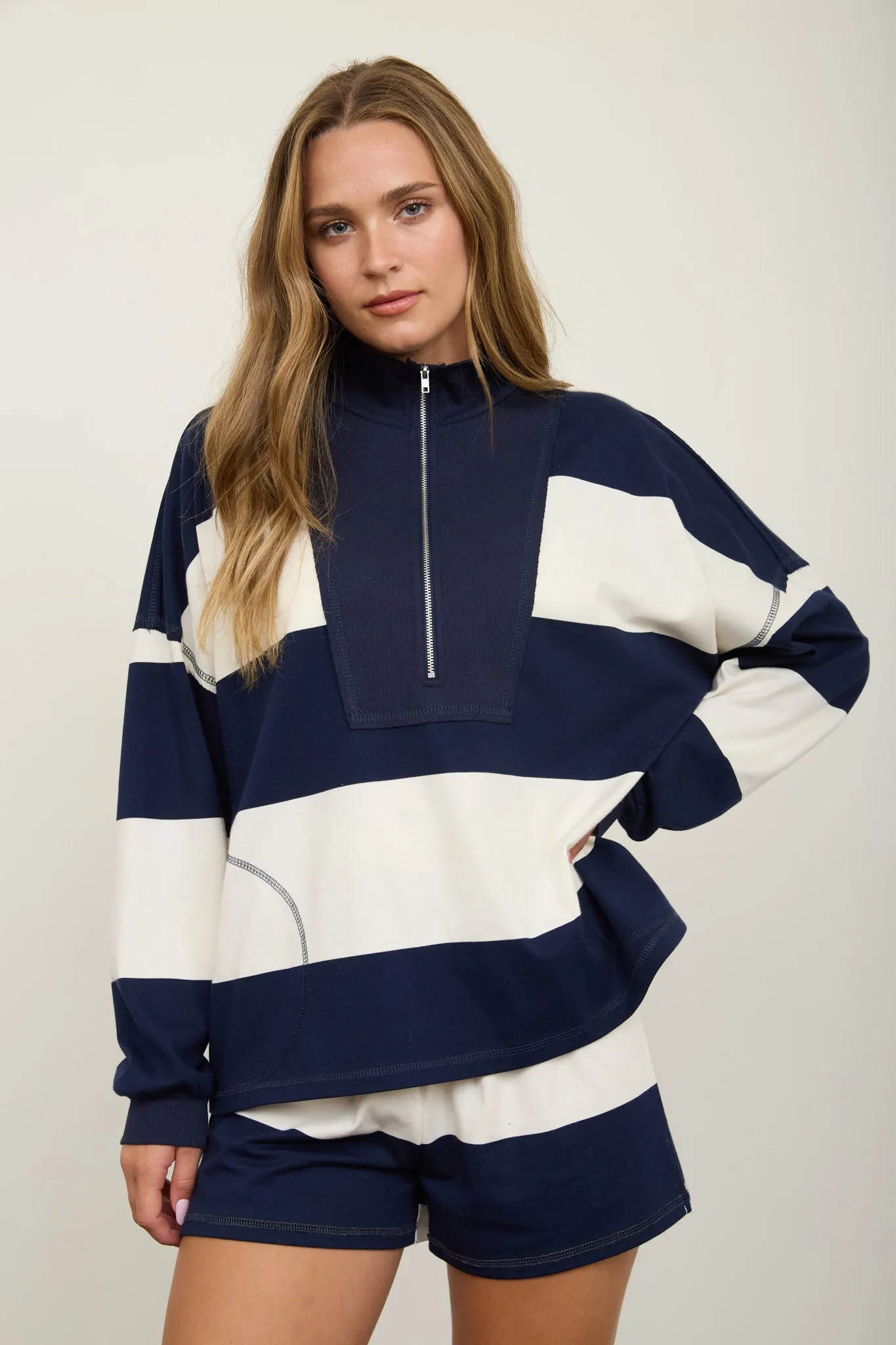 WIDE STRIPE HALF ZIP LONG SLEEVE KNIT TOP sold by Blu Pepper product image thumbnail 4