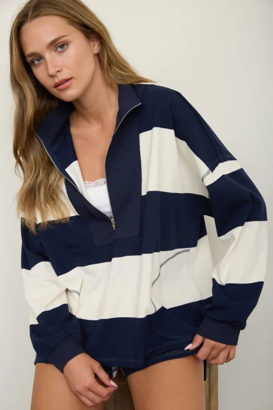 WIDE STRIPE HALF ZIP LONG SLEEVE KNIT TOP made by J.O.A.
