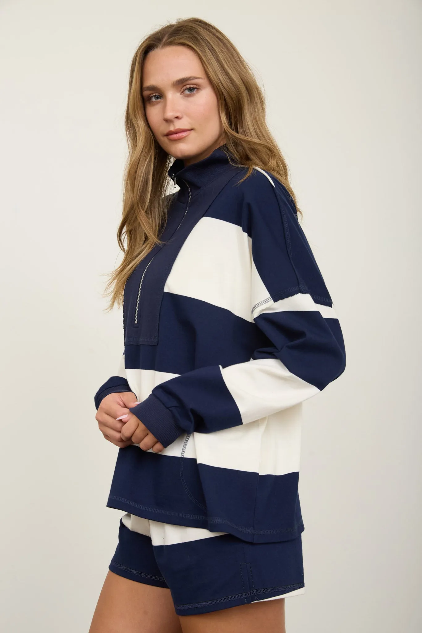 WIDE STRIPE HALF ZIP LONG SLEEVE KNIT TOP sold by Blu Pepper product image thumbnail 2