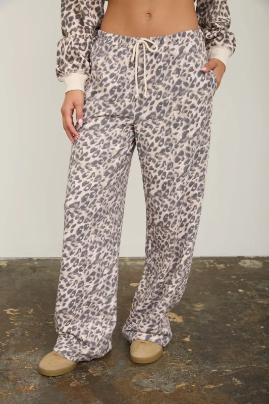 LEOPARD DRAWSTRING WIDE LEG LOUNGE PANTS made by J.O.A.