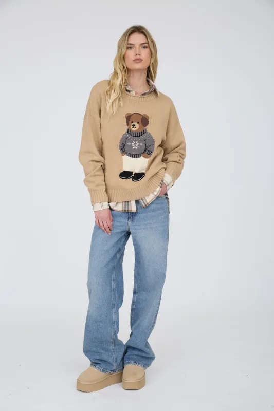 TEDDY BEAR CREW NECK INTARSIA KNIT SWEATER made by J.O.A.