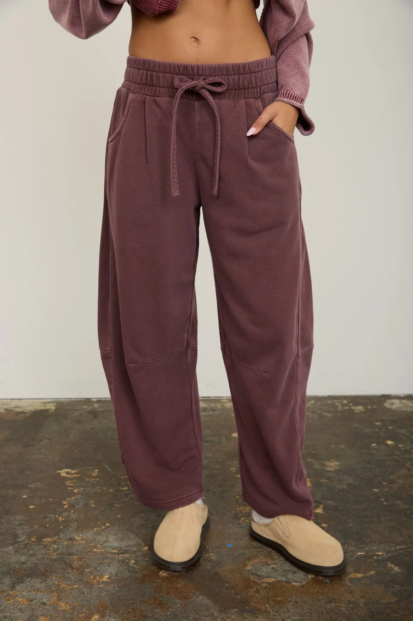 SMOCKED WAIST DRAWSTRING BARREL LEG SWEATPANTS sold by Blu Pepper product image thumbnail 2