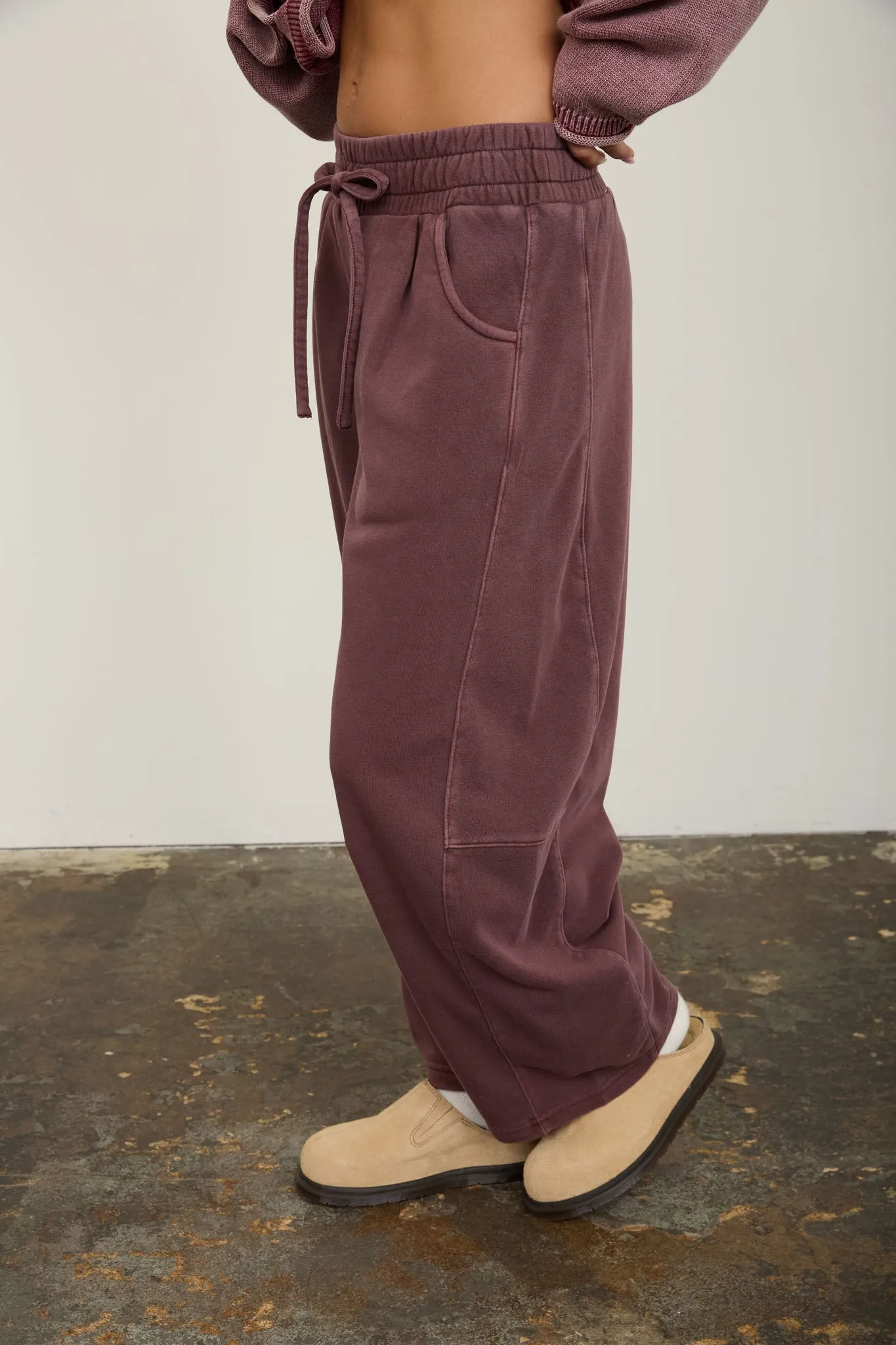SMOCKED WAIST DRAWSTRING BARREL LEG SWEATPANTS sold by Blu Pepper product image thumbnail 3