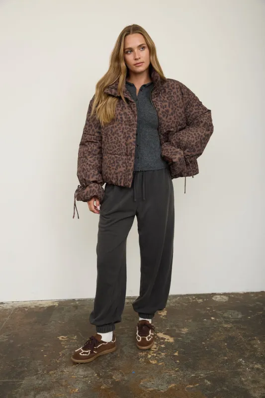 LEOPARD PUFFER STAND COLLAR STRAP DETAIL JACKET (PRE-ORDER) made by J.O.A.