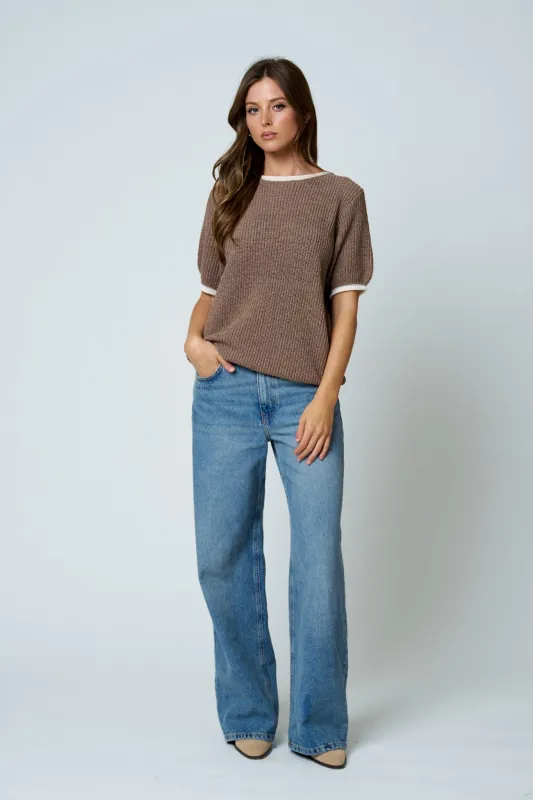 CONTEST TRIM PUFF SLEEVE RIBBED KNIT SWEATER made by Blu Pepper