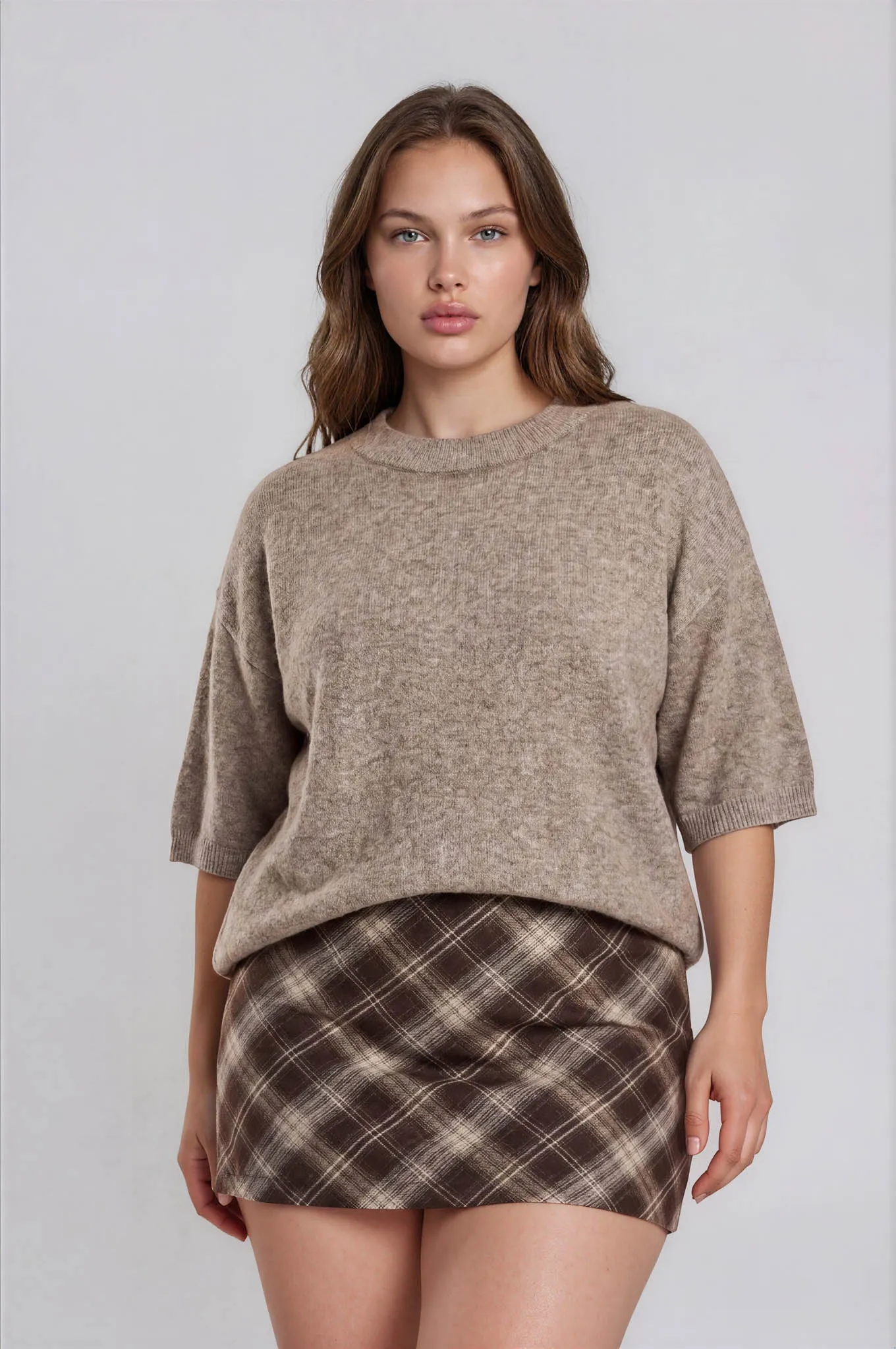 PLUS HEATHERED CREW NECK HALF SLEEVE BOXY PULLOVER sold by Blu Pepper
