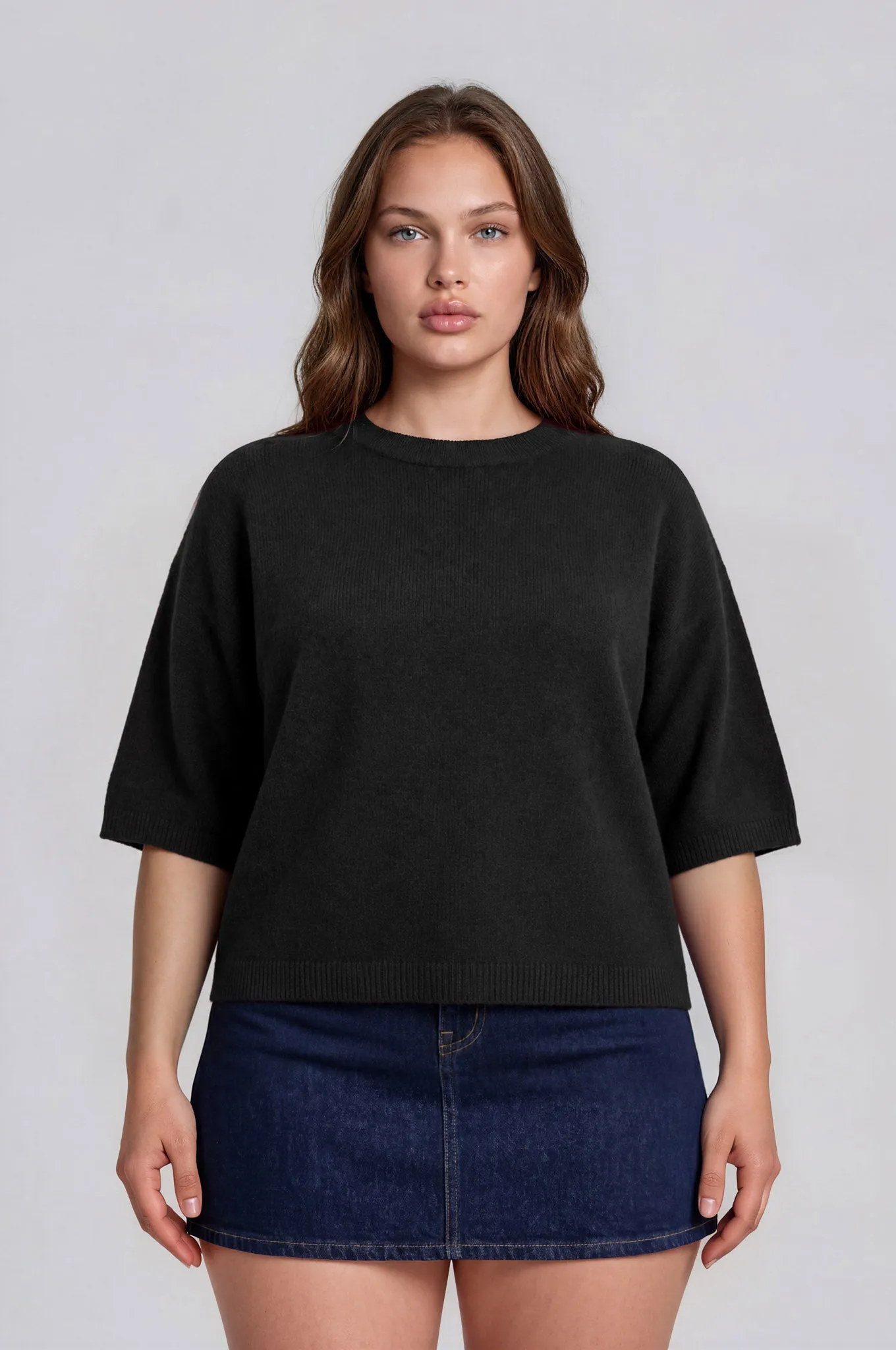 PLUS HEATHERED CREW NECK HALF SLEEVE BOXY PULLOVER sold by Blu Pepper product image thumbnail 5