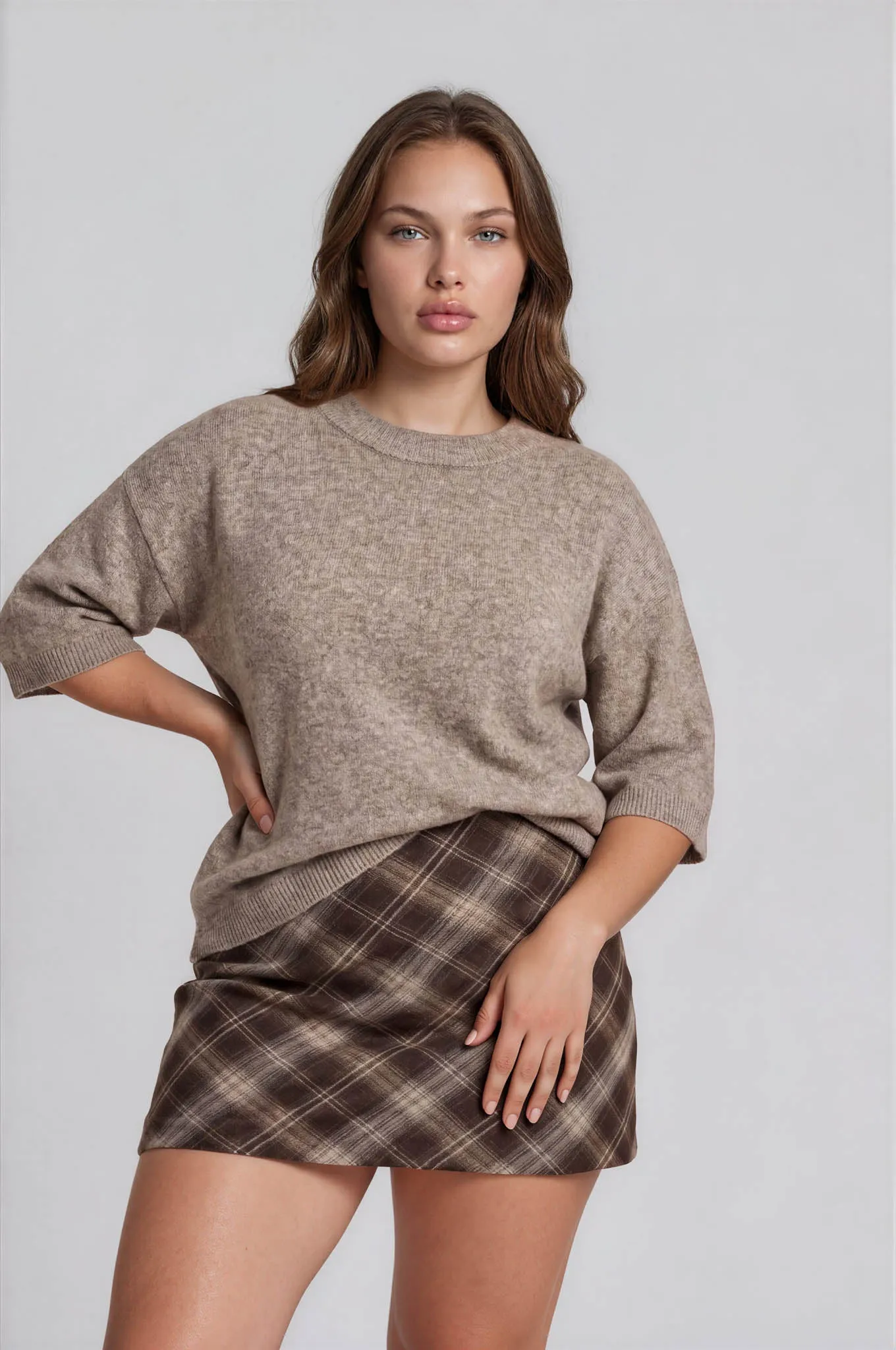 PLUS HEATHERED CREW NECK HALF SLEEVE BOXY PULLOVER sold by Blu Pepper product image thumbnail 3