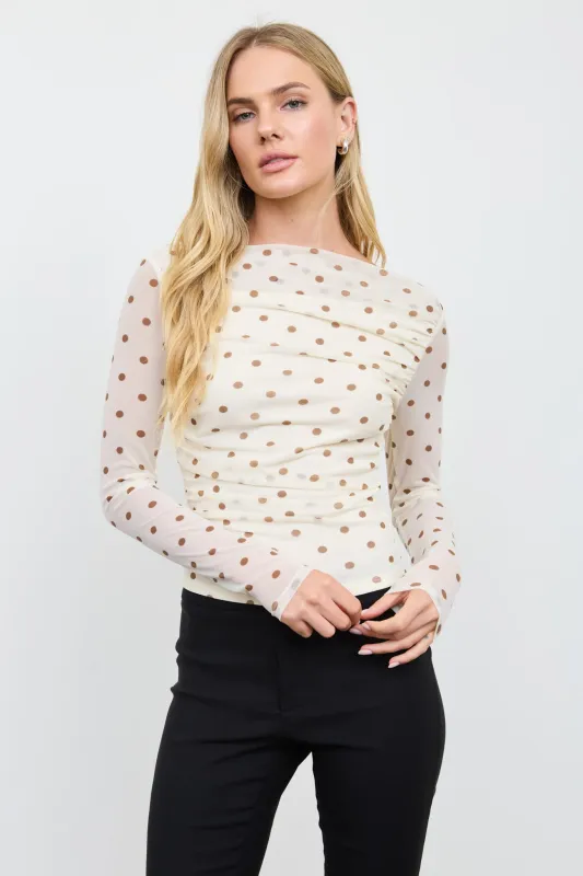 SHEER MESH POLKA DOT RUCHED LONG SLEEVE KNIT TOP (PRE-ORDER) made by Blu Pepper