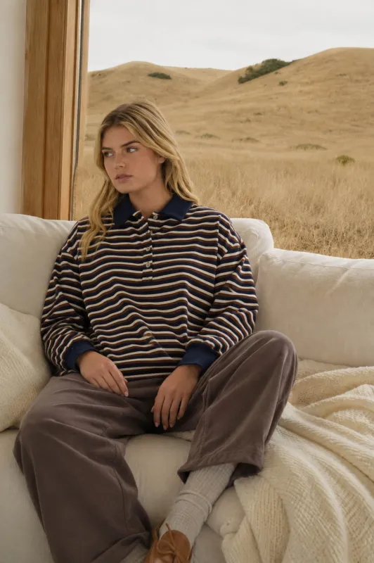 WIDE STRIPED POLO COLLAR LONG SLEEVE KNIT TOP (PRE-ORDER) made by J.O.A.