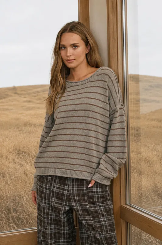 CREAM STRIPED DROP SHOULDER CREW NECK SWEATER made by J.O.A.