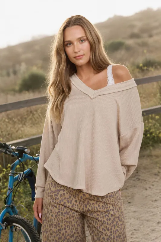 RAW EDGE V-NECK LONG SLEEVE TEXTURED KNIT TOP made by J.O.A.
