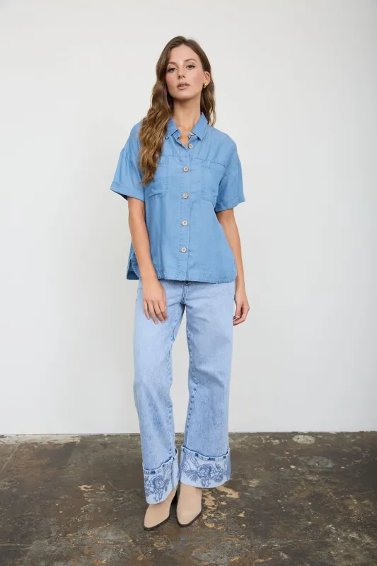 CHAMBRAY BUTTON DOWN SIDE SLIT SHORT SLEEVE TOP made by mine