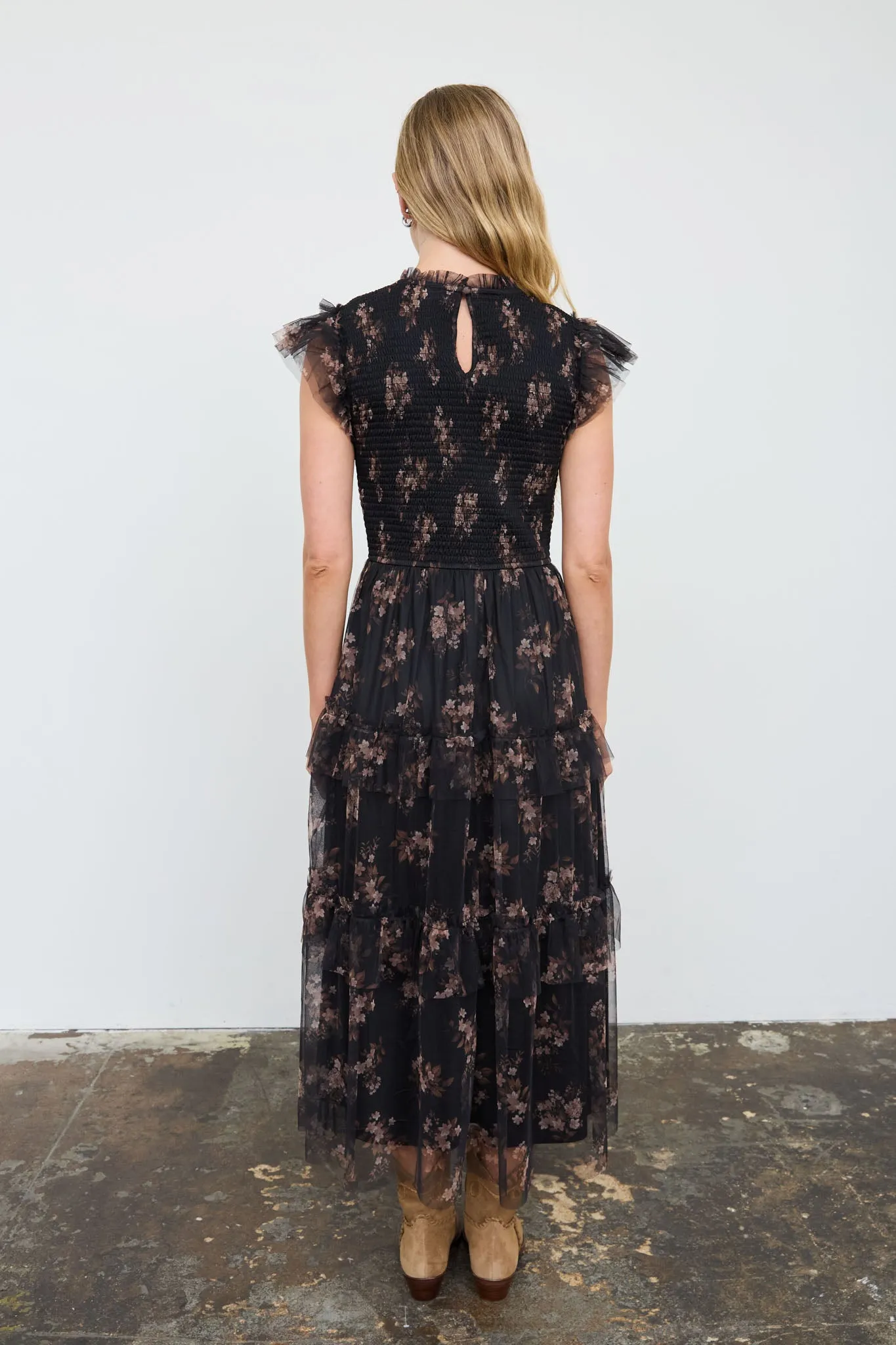 SMOCKED RUFFLE TIERED FLORAL MIDI DRESS sold by Blu Pepper product image thumbnail 3