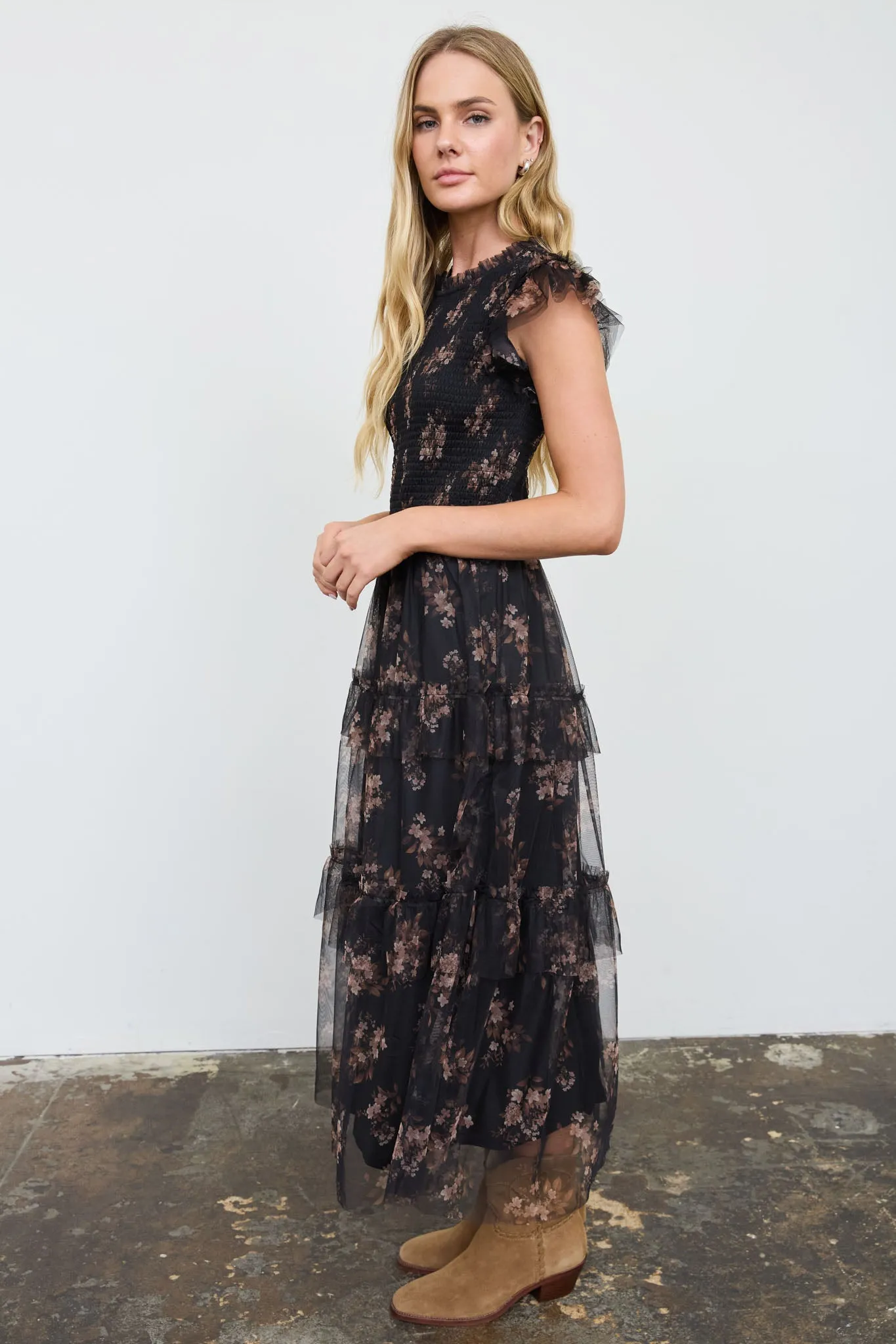 SMOCKED RUFFLE TIERED FLORAL MIDI DRESS sold by Blu Pepper product image thumbnail 4