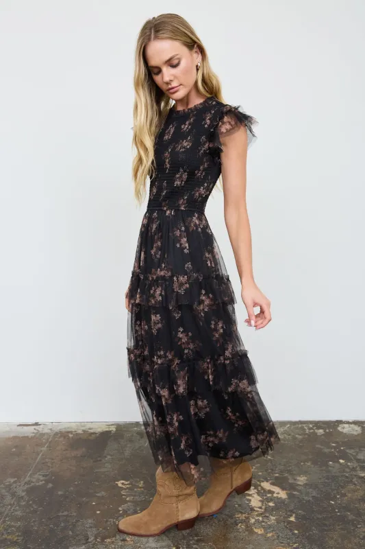 SMOCKED RUFFLE TIERED FLORAL MIDI DRESS made by mine
