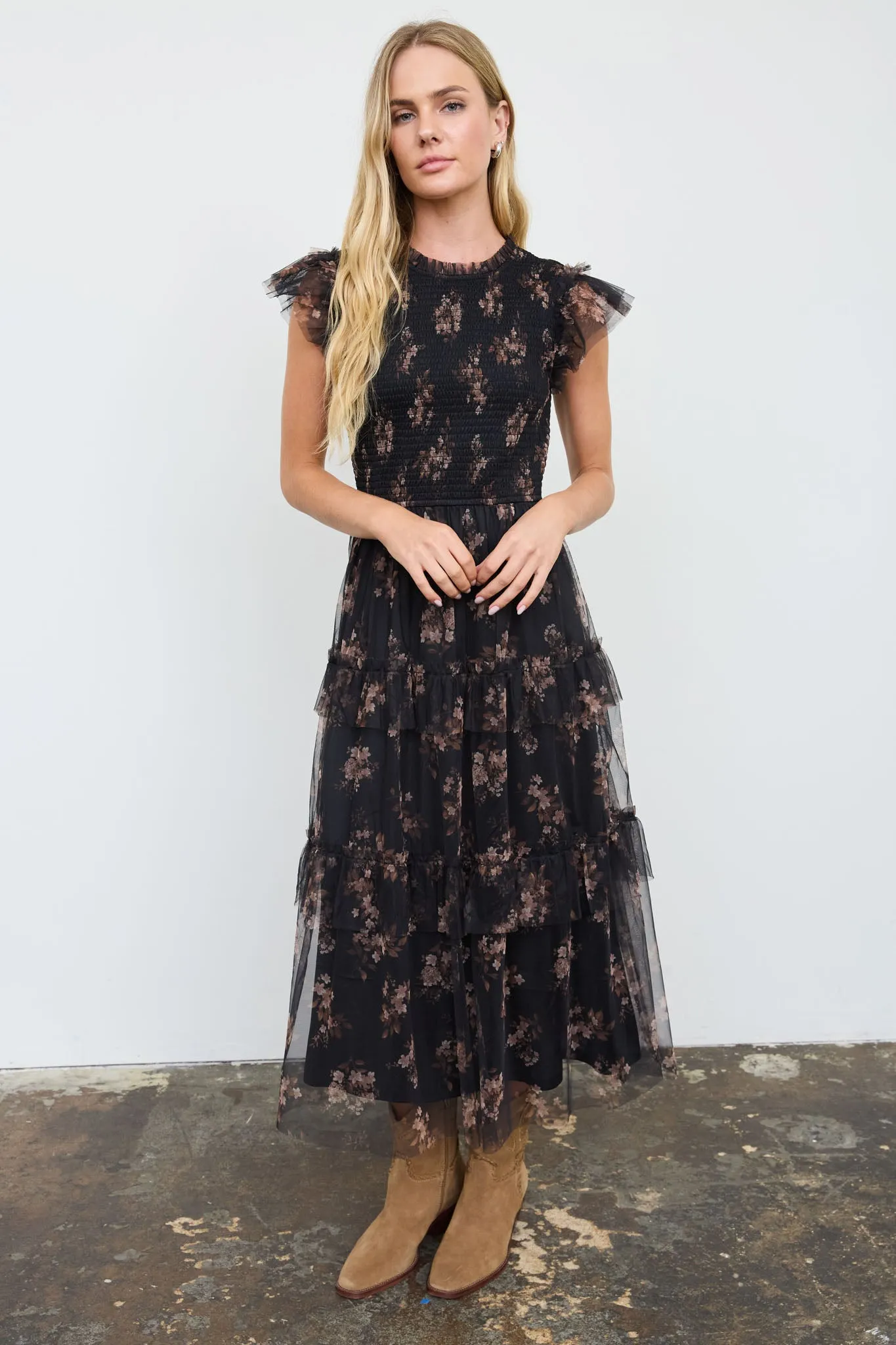 SMOCKED RUFFLE TIERED FLORAL MIDI DRESS sold by Blu Pepper product image thumbnail 2