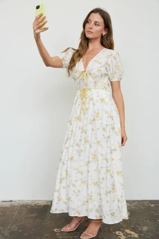 FLORAL V-NECK FRONT TIE PUFF SLEEVE MIDI DRESS (PRE-ORDER) made by mine