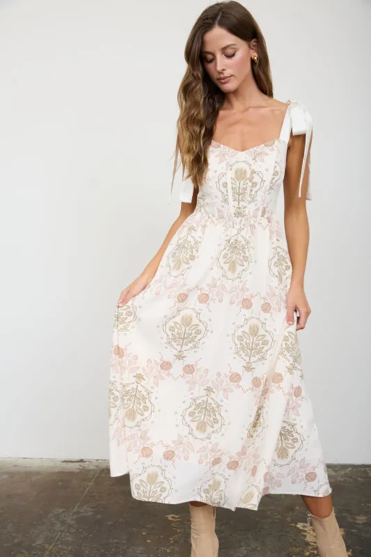MEDALLION PATTERN TIE STRAP MIDI DRESS made by mine