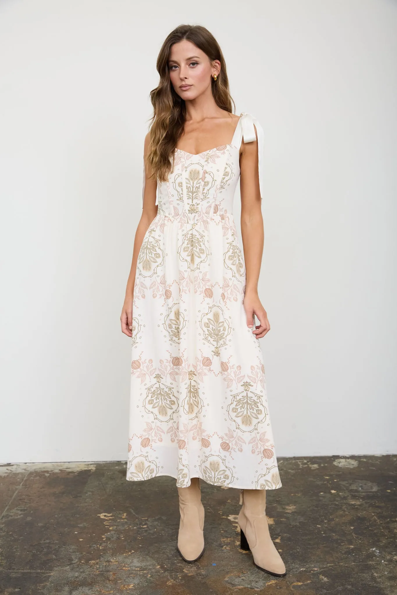 MEDALLION PATTERN TIE STRAP MIDI DRESS sold by Blu Pepper product image thumbnail 5