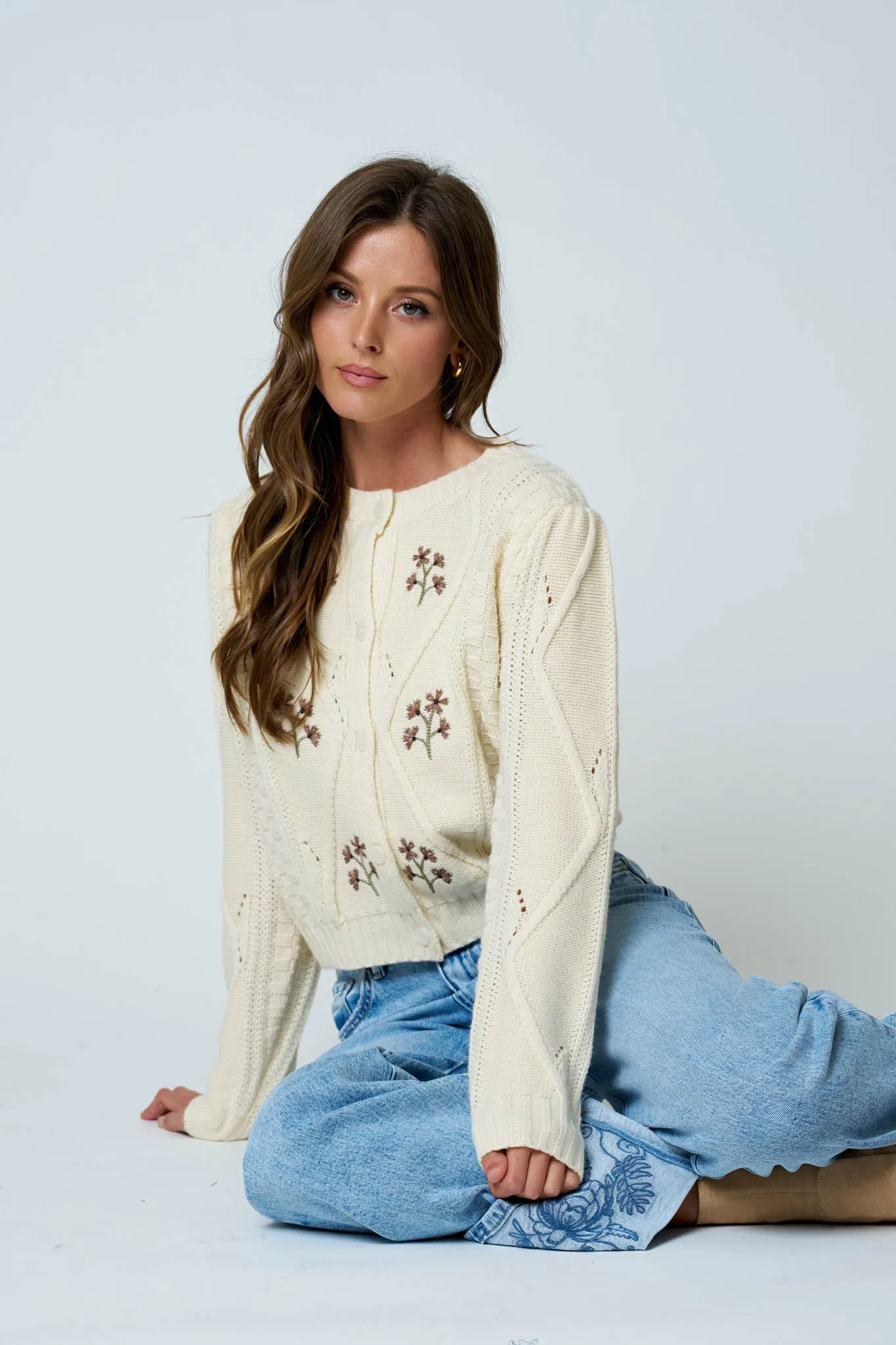 FLORAL EMBROIDERED CABLE KNIT BUTTON DOWN CARDIGAN sold by Blu Pepper product image thumbnail 4