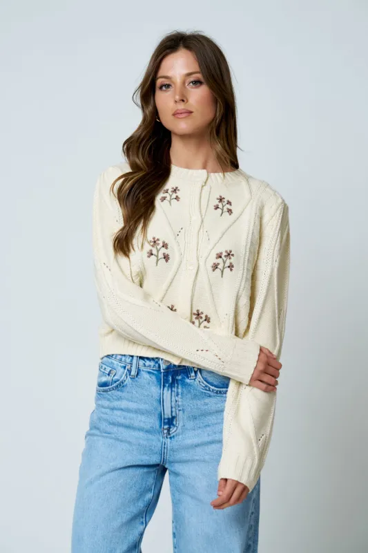 FLORAL EMBROIDERED CABLE KNIT BUTTON DOWN CARDIGAN made by mine