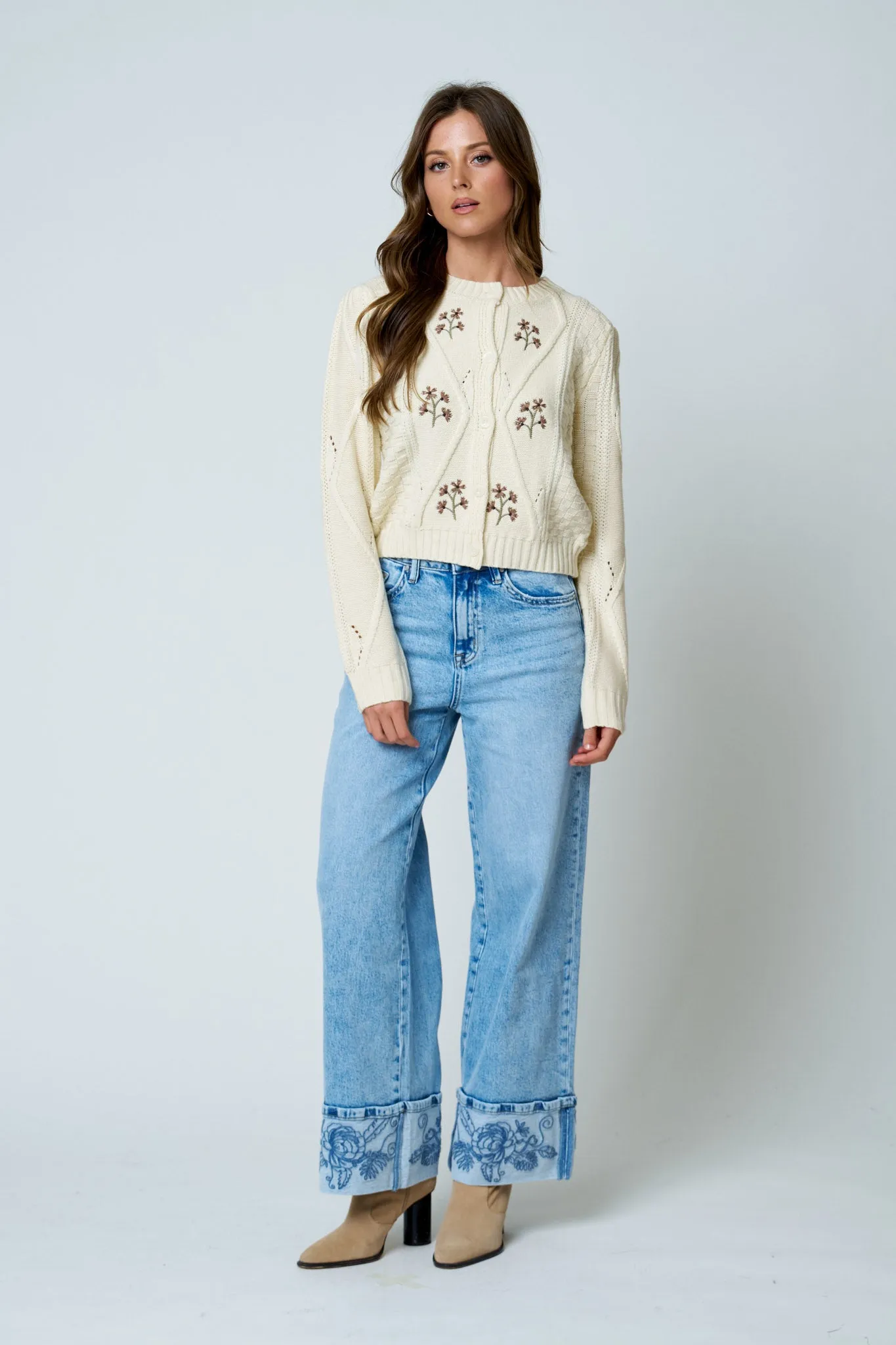 FLORAL EMBROIDERED CABLE KNIT BUTTON DOWN CARDIGAN sold by Blu Pepper product image thumbnail 2