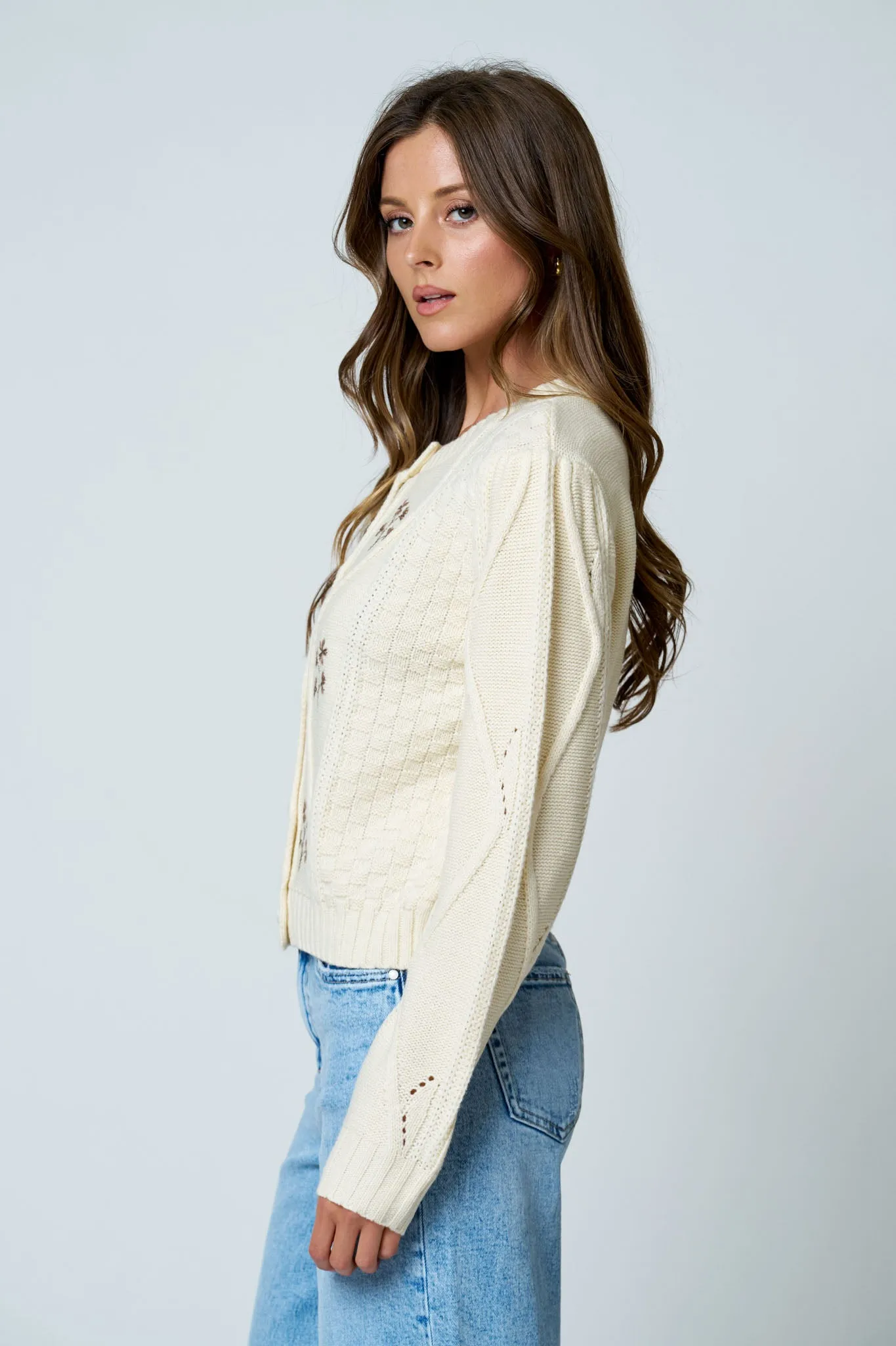 FLORAL EMBROIDERED CABLE KNIT BUTTON DOWN CARDIGAN sold by Blu Pepper product image thumbnail 3