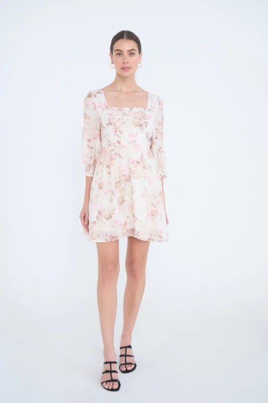 FLORAL SQUARE NECK HALF SLEEVE MINI DRESS made by mine