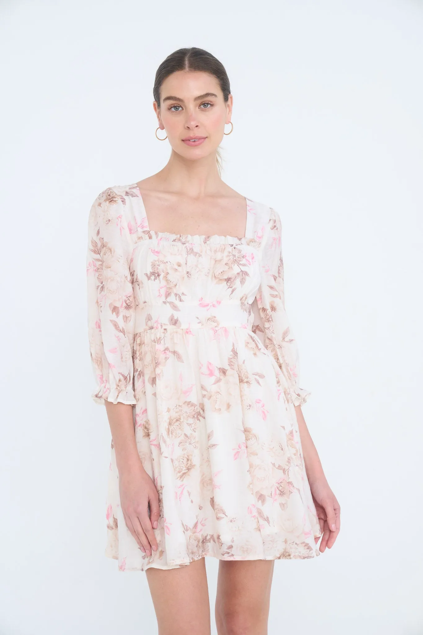 FLORAL SQUARE NECK HALF SLEEVE MINI DRESS sold by Blu Pepper product image thumbnail 2