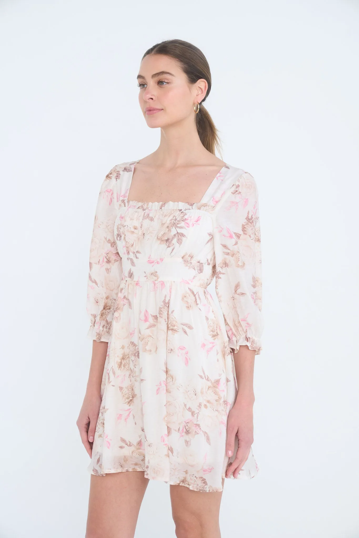 FLORAL SQUARE NECK HALF SLEEVE MINI DRESS sold by Blu Pepper product image thumbnail 4