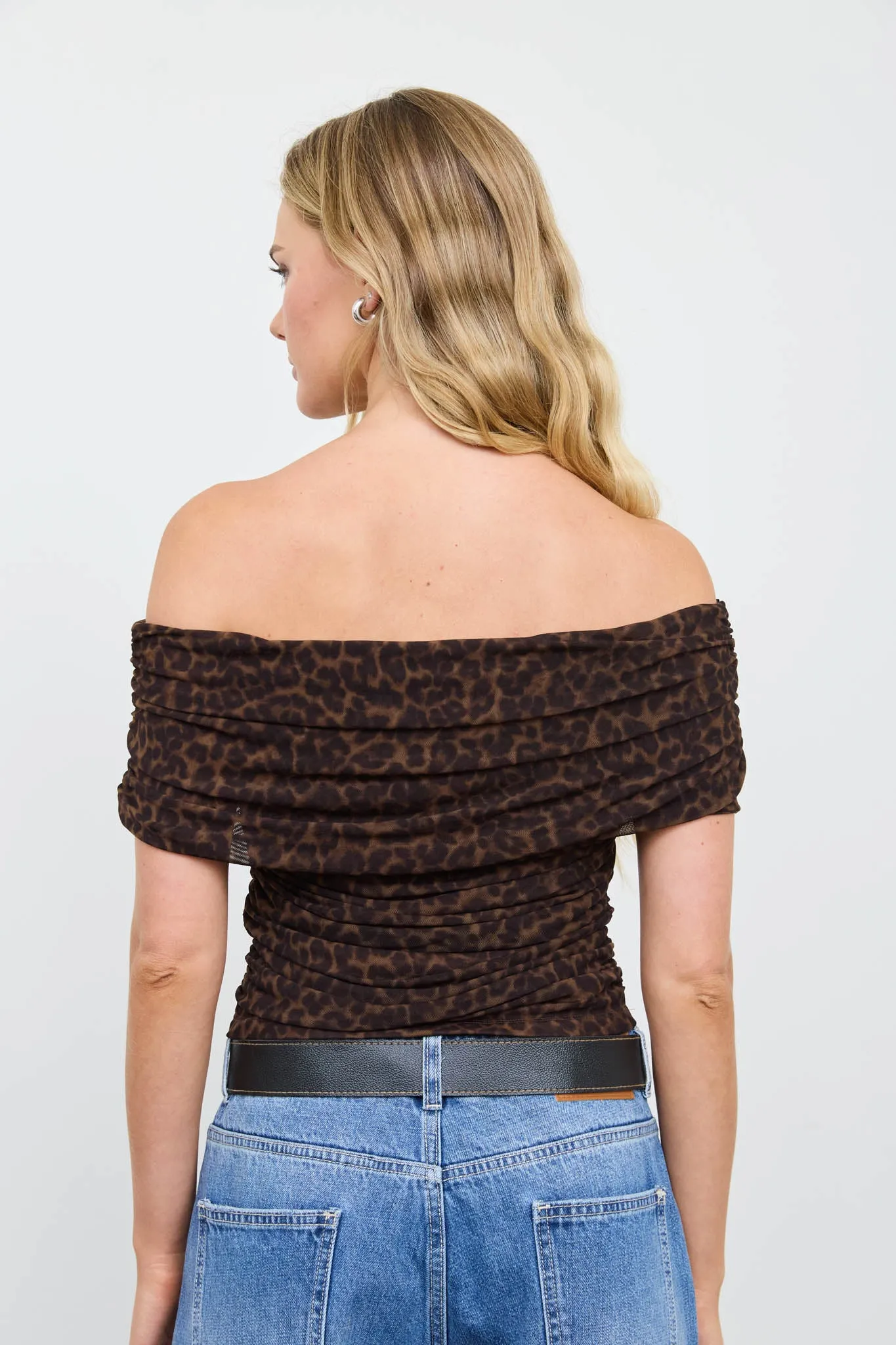 OFF-SHOULDER RUCHED MESH ANIMAL PRINT KNIT TOP sold by Blu Pepper product image thumbnail 4